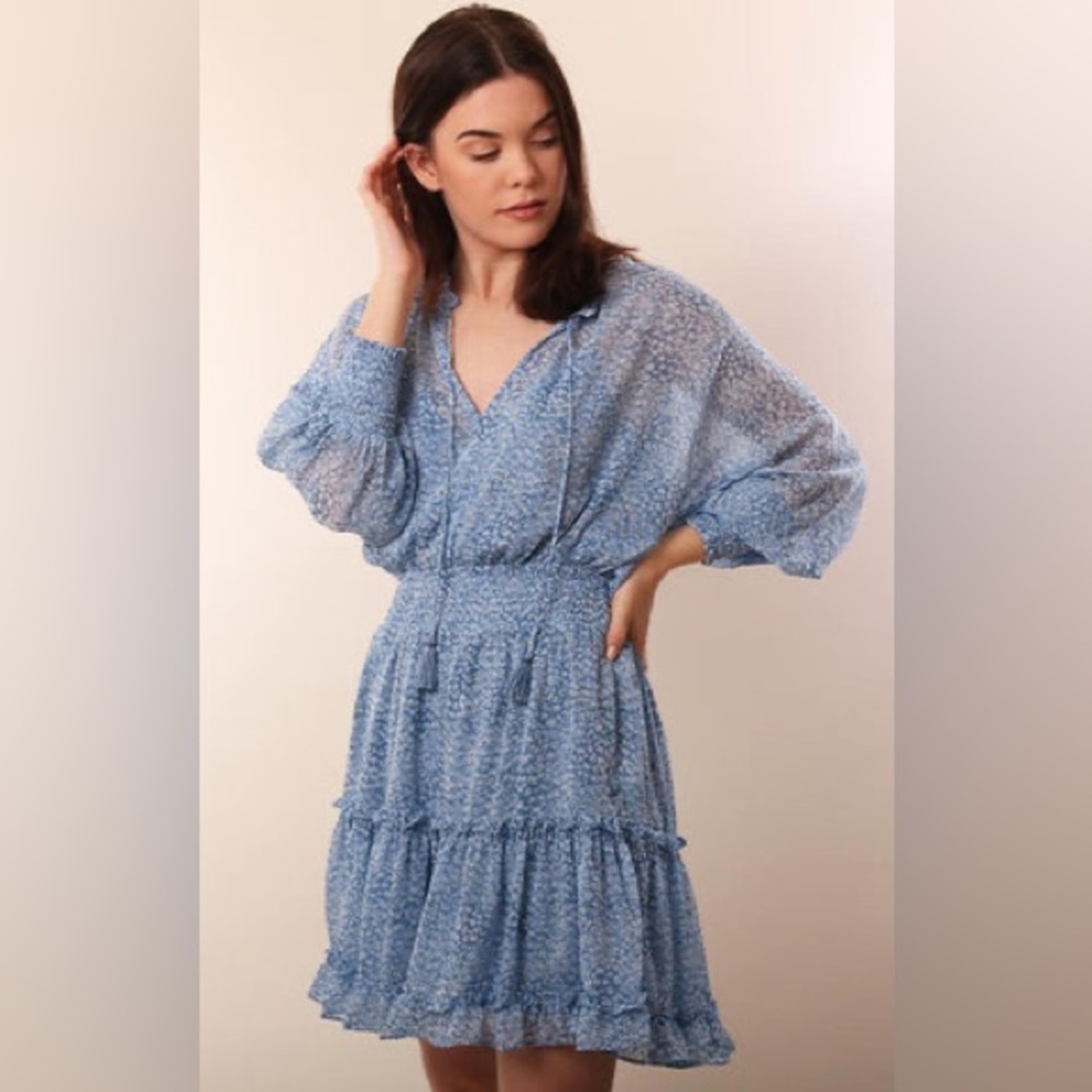 Love Stitch Wm Sz S Smocked Puff Sleeve Tiered Ruffled Hem Tassel Tie Mini Dress